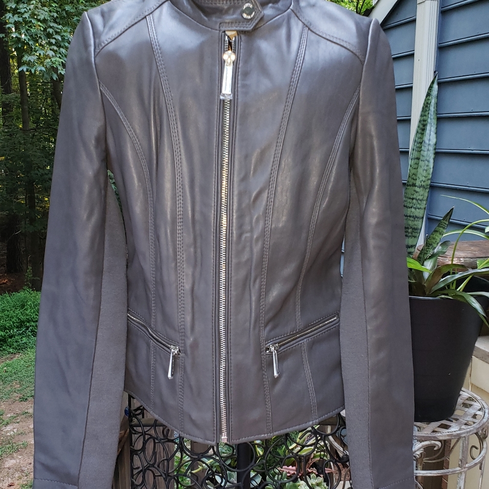 Michael Kors Putty Gray Leather Moto Jacket XS